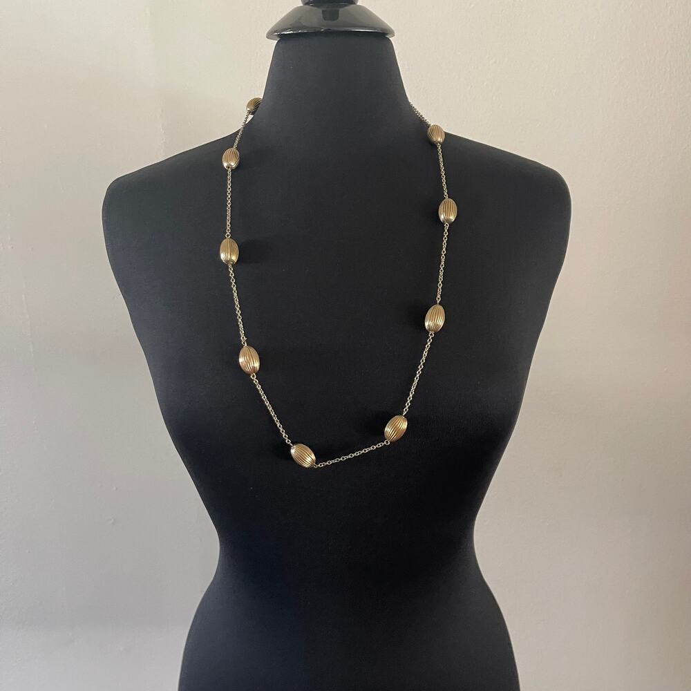 Lauren Ralph Lauren Gold Tone Beaded Station Necklace 32" Ribbed Melon Oval
